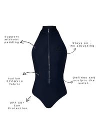 Black one piece swimsuit with text highlighting features on a white background