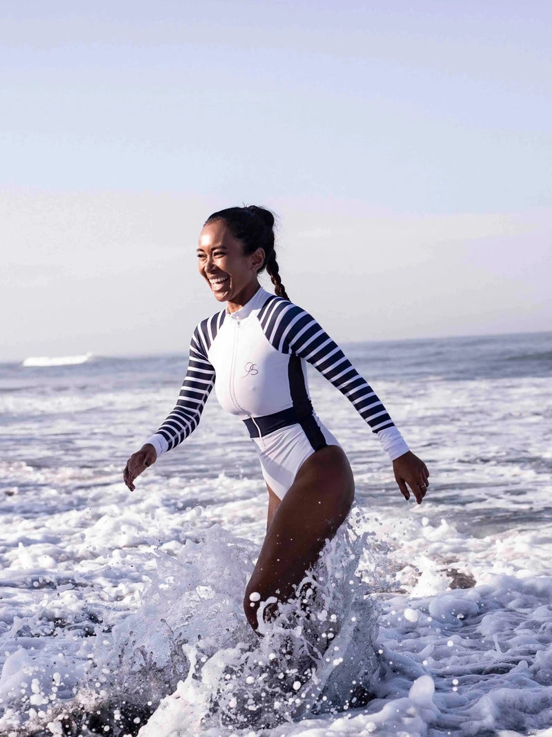 Long Sleeve One Piece Swimsuit | The Sulawesi Snow and Navy-Surf Suit-Ocean Soul Bali-Ocean Soul Bali