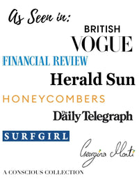 Logos of various publications including British Vogue, Financial Review, Herald Sun, Honeycombers, The Daily Telegraph, and Surfgirl with a signature at the bottom.