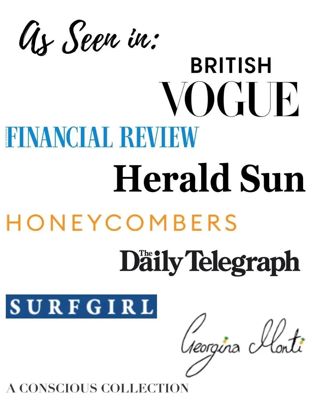Logos of various publications including British Vogue, Financial Review, Herald Sun, Honeycombers, The Daily Telegraph, and Surfgirl with a signature at the bottom.