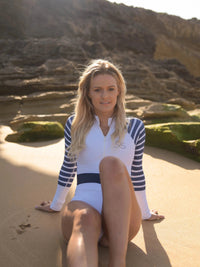 Long Sleeve Swimsuit white navy close up| The Sulawesi Snow and Navy