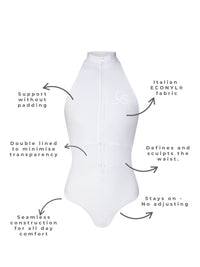 White one piece swimsuit with text highlighting features on a white background