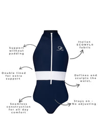 Navy blue one piece swimsuit with white accents on a white background, featuring text labels about fabric and design features.