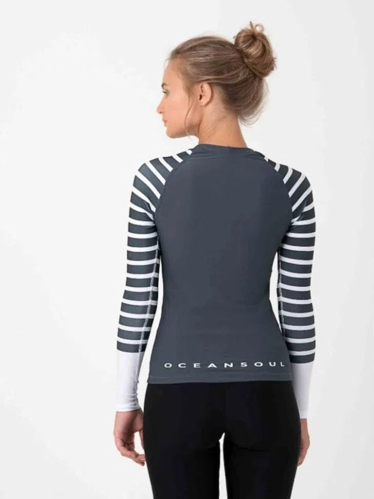 crew neck grey and white striped sleeve rash guard