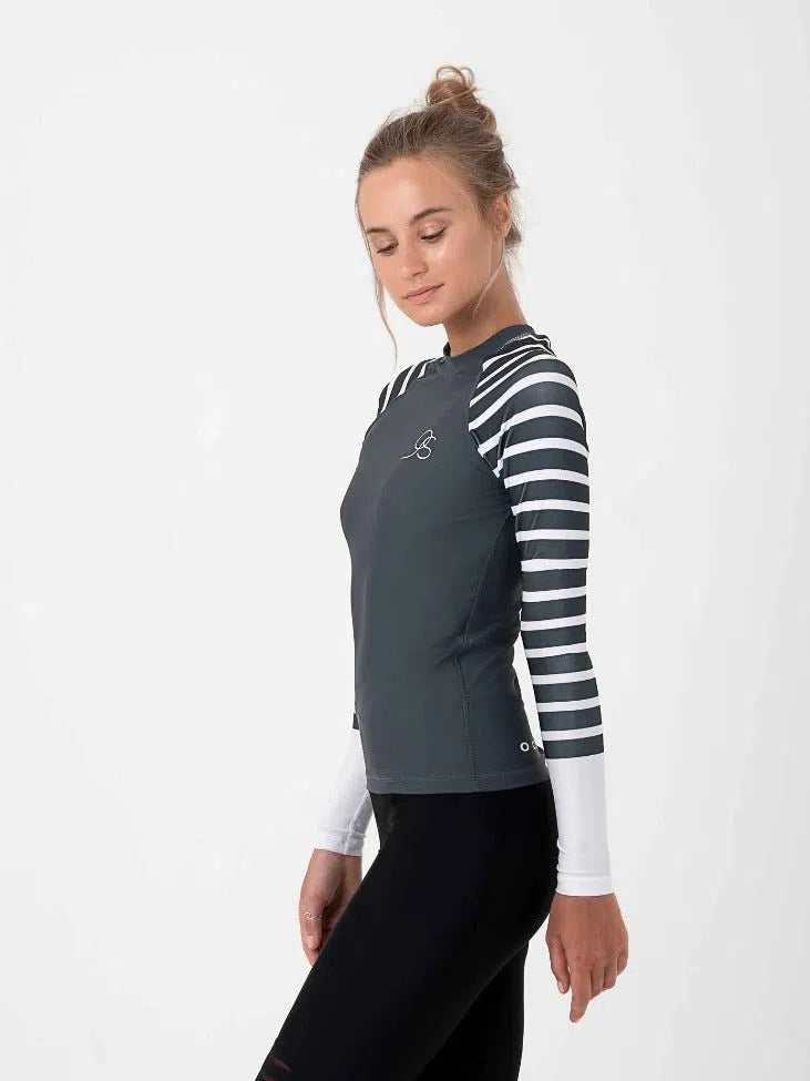  grey rash guard with grey and white stripe sleeve