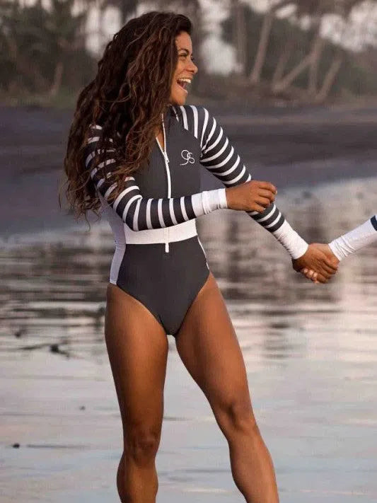 Sulawesi Long Sleeve Swimsuit - Grey Onyx - Ocean Soul Bali - Sustainable Swimwear