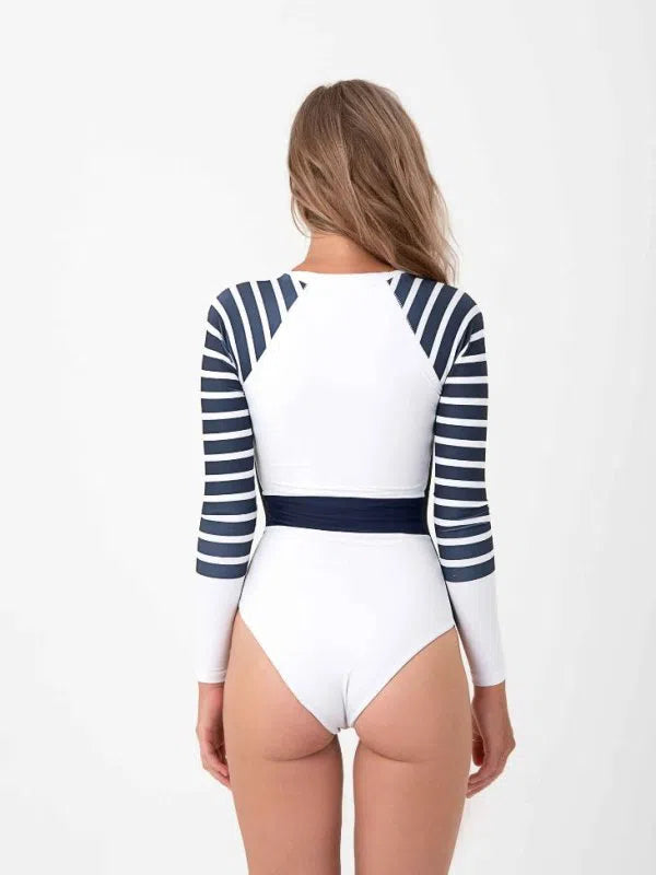 Sulawesi Long Sleeve Swimsuit - Snow & Navy - Ocean Soul Bali - Sustainable Swimwear